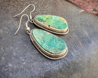 Green Turquoise Sterling Silver Earrings by Navajo Chimney Butte, Southwestern Jewelry Native American