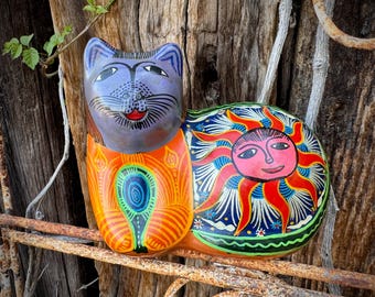 Guererro Mexico Cat Figurine with Sunshine and Sea Life Design