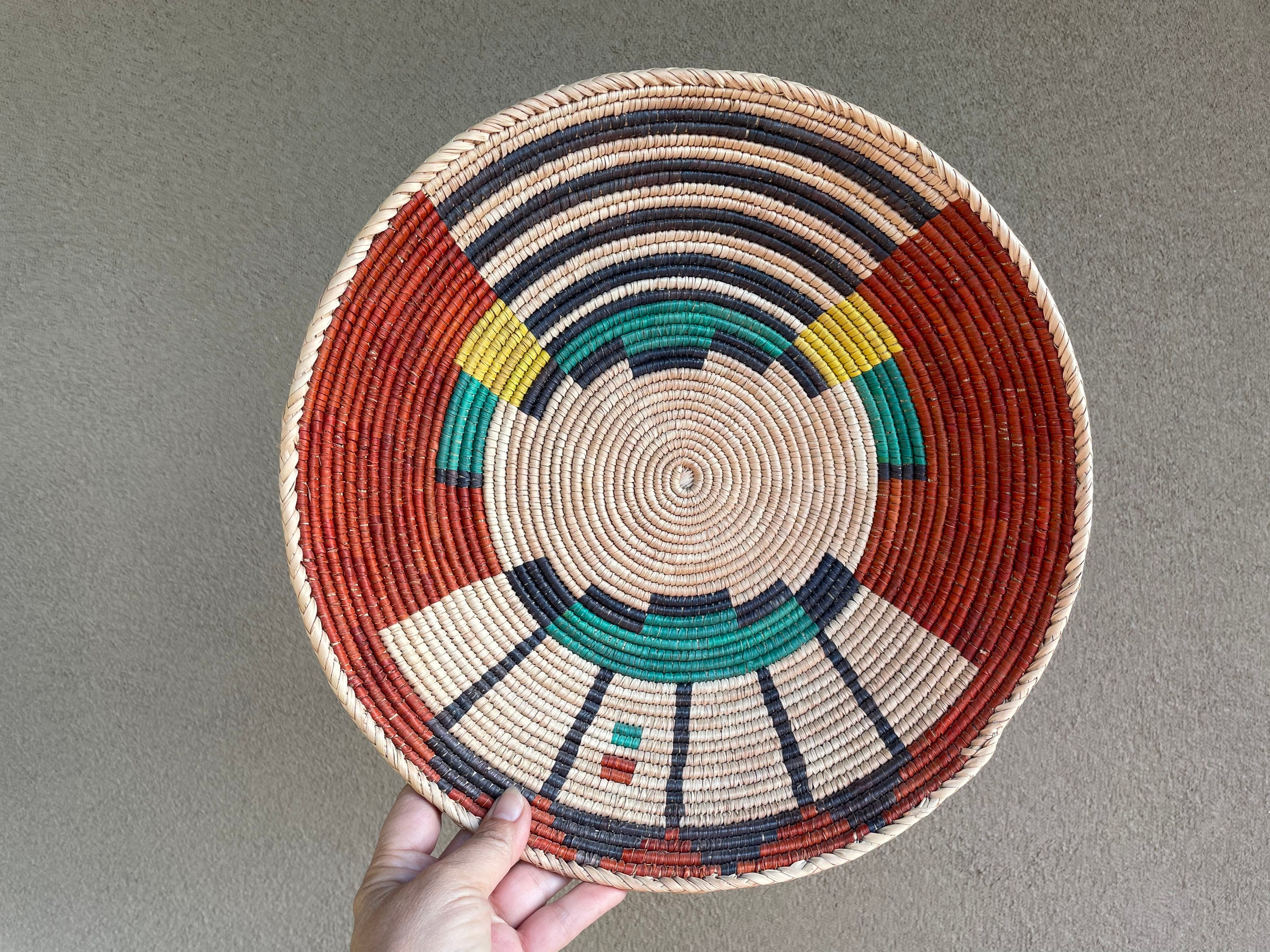 Shallow Woven Basket Rust and Teal Colors, Southwestern Decor, Native
