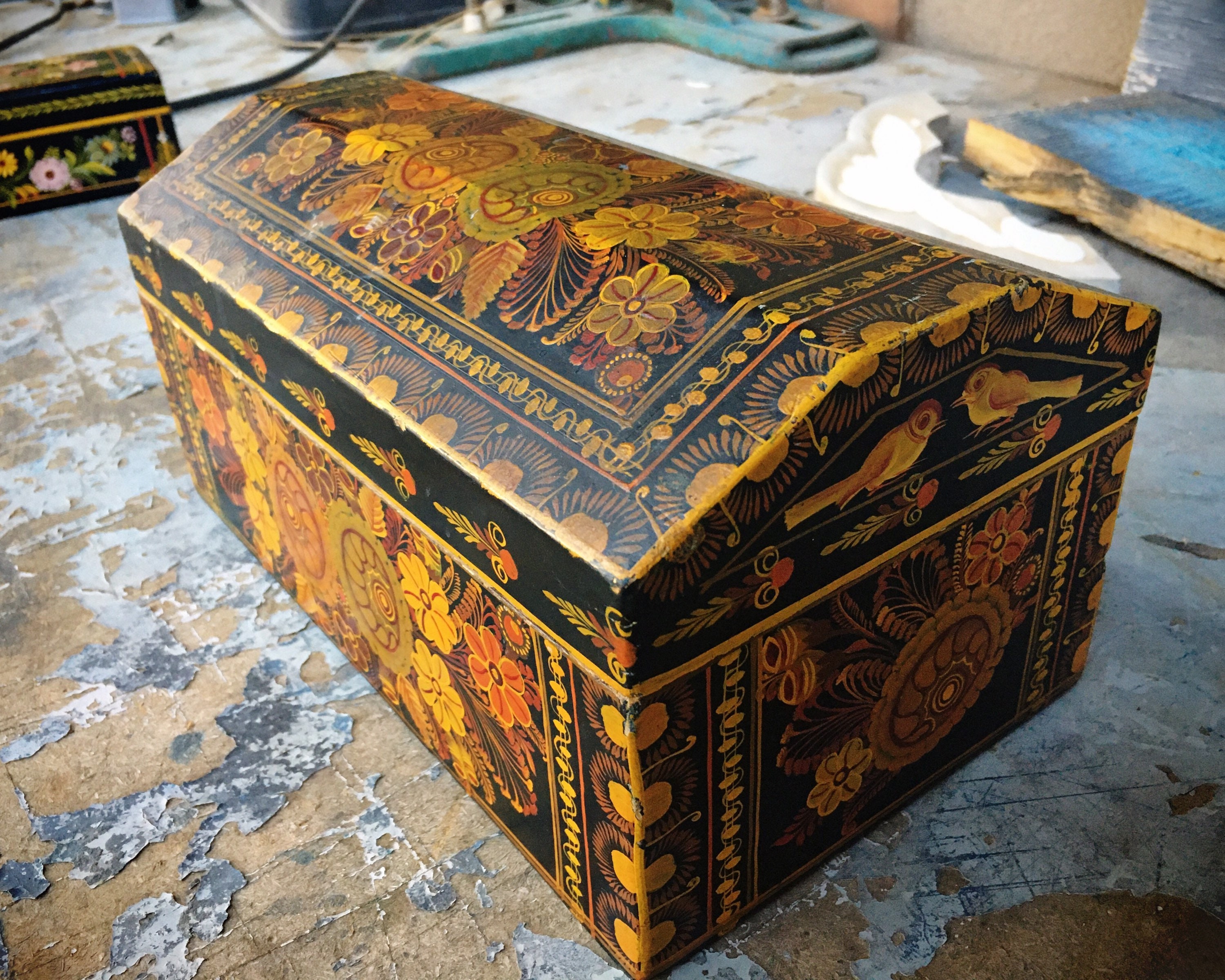 Antique Mexican Lacquer Painted Wood Box with Flowers and Birds