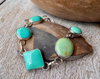Vintage Turquoise Sterling Silver Link Bracelet Approx 7" to 8"