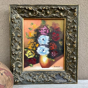Small Oil Painting of Still Life Flower Bouquet in Gold Painted Wood Frame, Original Artwork
