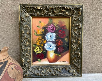 Small Oil Painting of Still Life Flower Bouquet in Gold Painted Wood Frame, Original Artwork