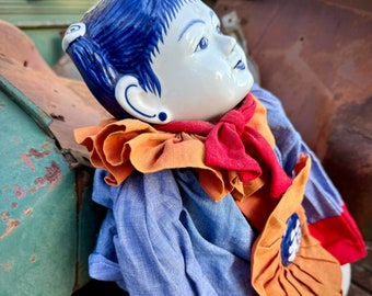 Vintage Porcelain Head Doll Cloth Body & Clothing Approx 27" Long, Blue White and Red