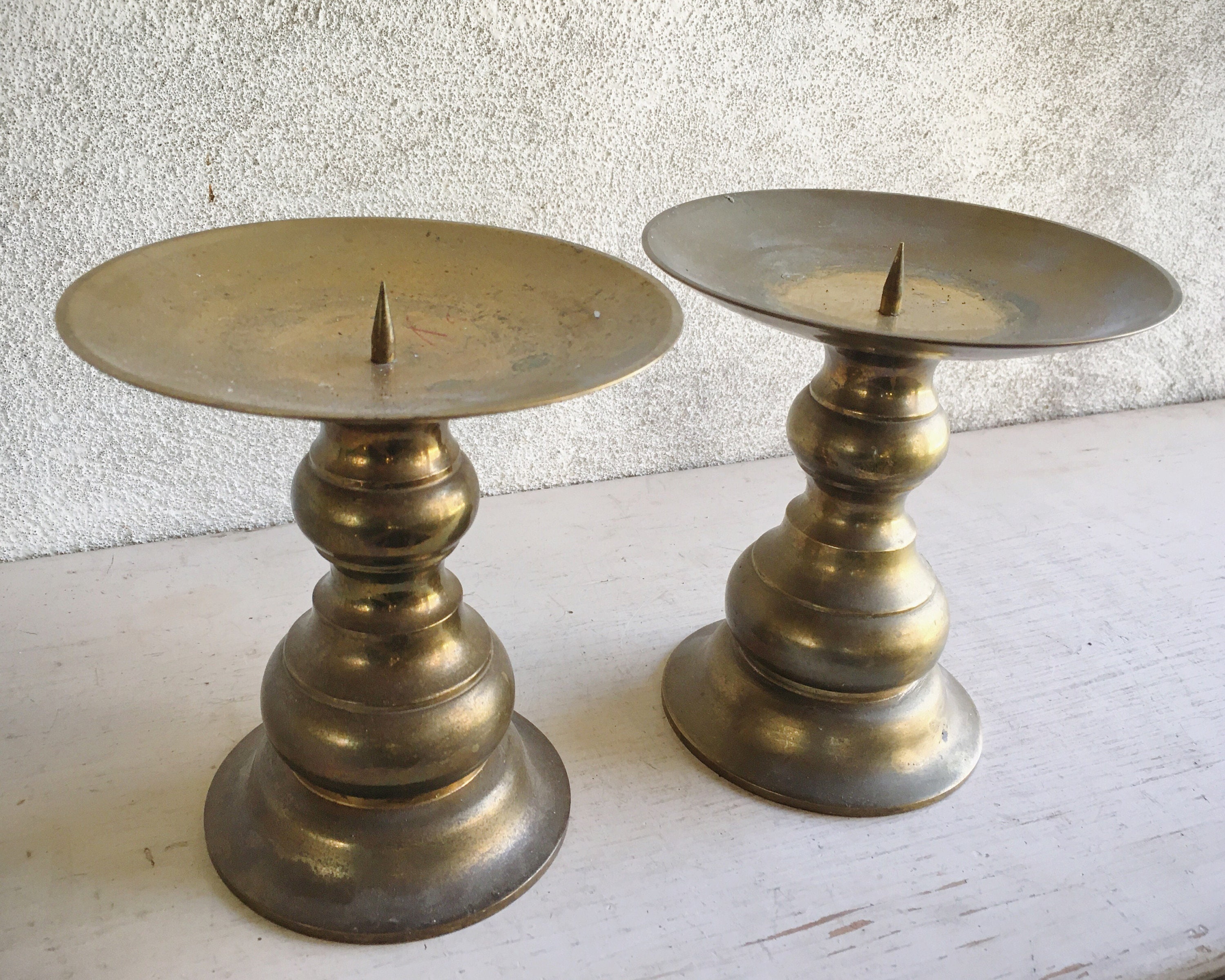 Pair of Two Vintage Brass Candle Holders Made in Hong Kong, Short