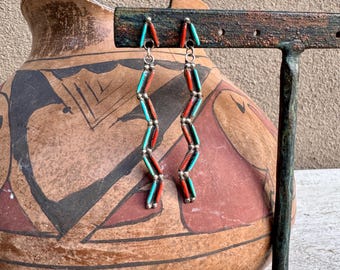 Dainty Vintage Turquoise Coral Needlepoint Earrings 2.5" Long, Dangling Post, Zuni Jewelry