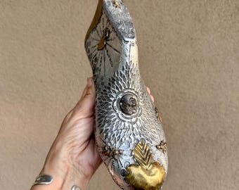 Mexican Folk Art Wooden Shoe Mold Wrapped Metal w/ Milagro Amulets