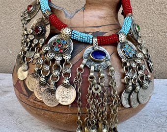 Ethnic Tribal Silver Bib Necklace Coin Amulets & Beaded Fabric "Chain"