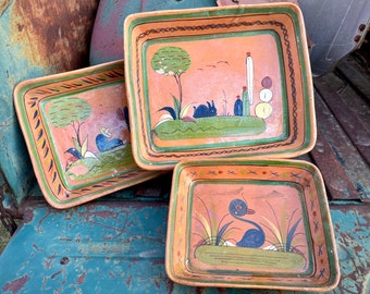 Vintage Tonala Tlaquepaque Nesting Trays (Distressed Mismatched) Mexican Pottery Folk Art, Rustic Home Decor, Southwestern Santa Fe Style