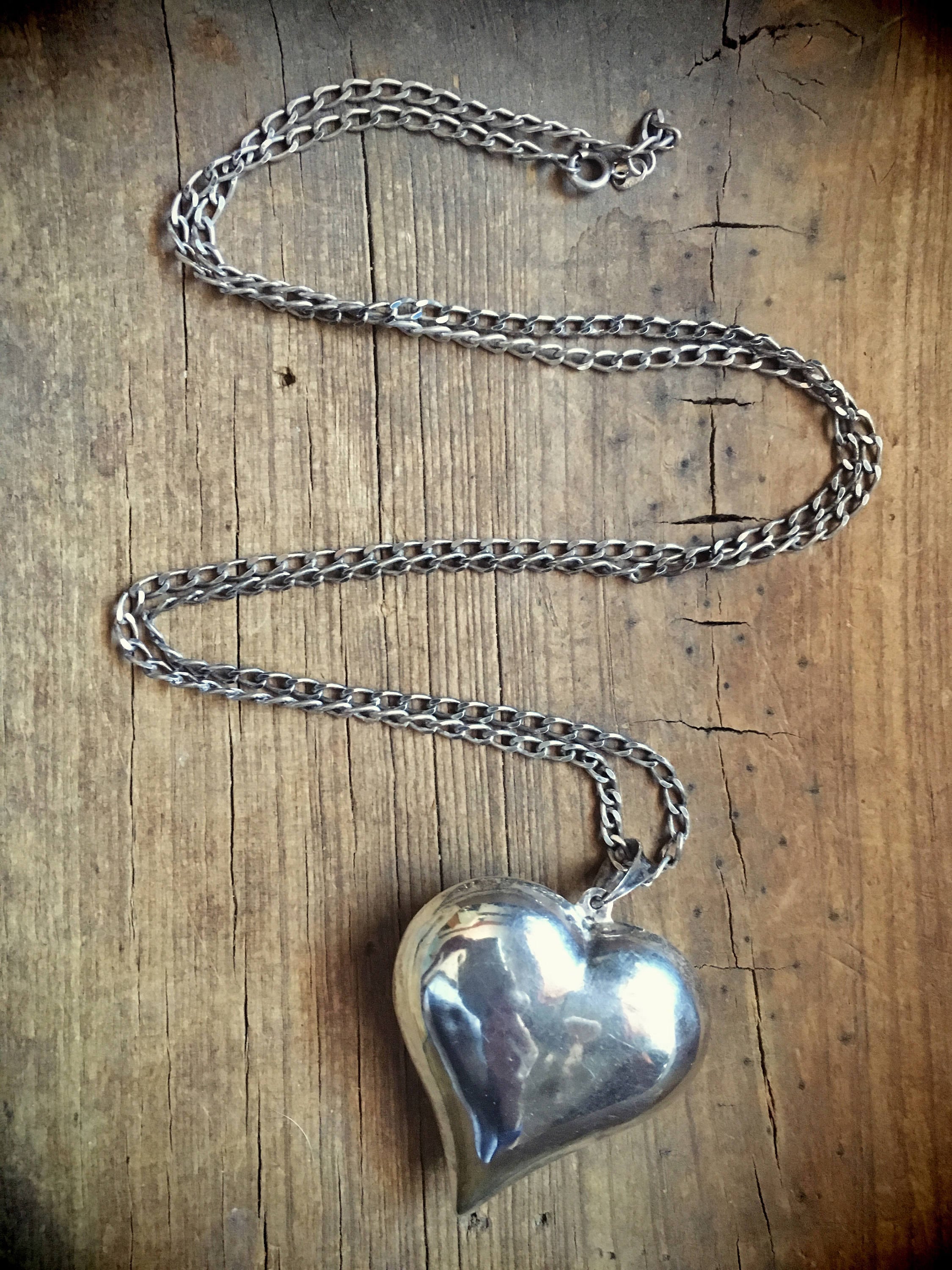 Large vintage Mexican silver necklace with puffy heart milagro pendant
