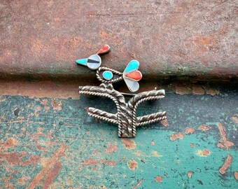 Small Vintage Multi-Stone Inlay Roadrunner Brooch Pin, Native American Indian Jewelry