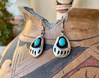 Sterling Silver Turquoise Dangle Earrings with Bearpaw Claw Design, Southwestern Native American