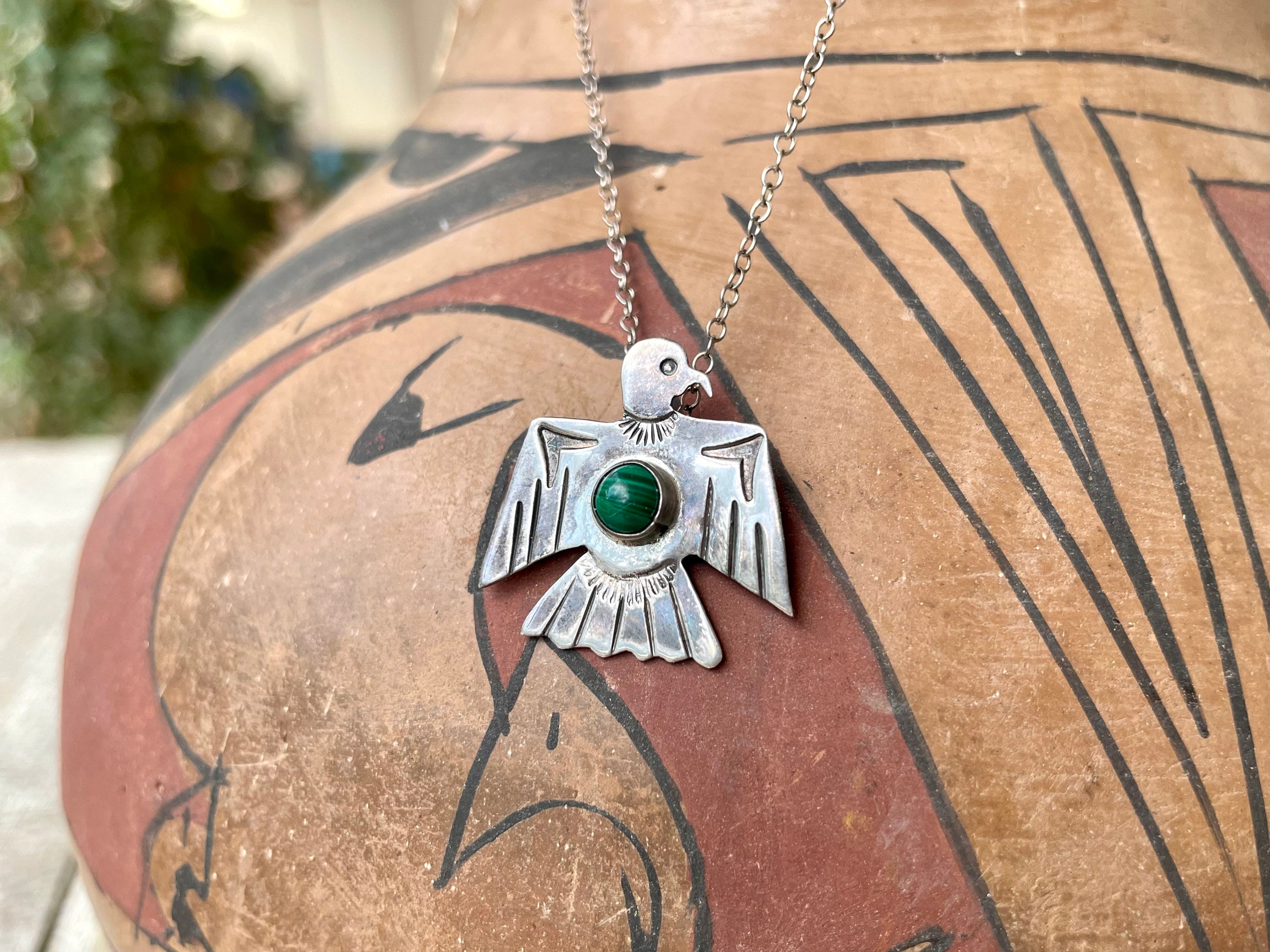 Fred Harvey Era Sterling Silver Malachite Thunderbird Pendant