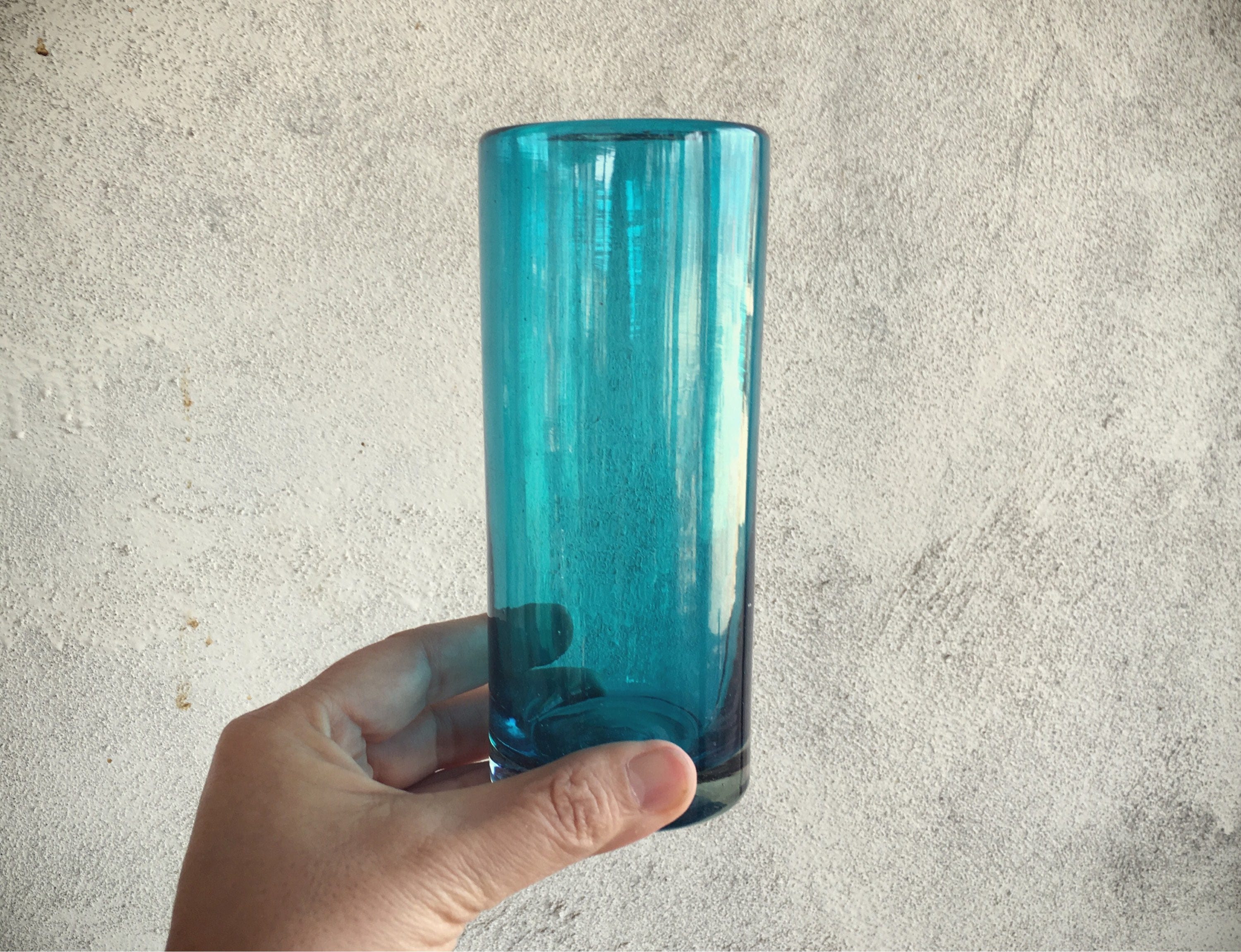 Three Mexican Blown Glass Tumblers Teal Color, Chunky Glass Mexican