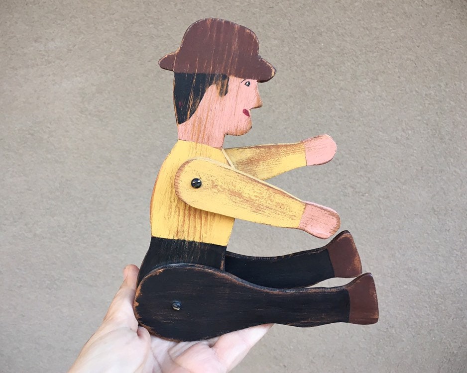 Vintage Handmade Wooden Folk Art Figure of Man with Moving Arms and