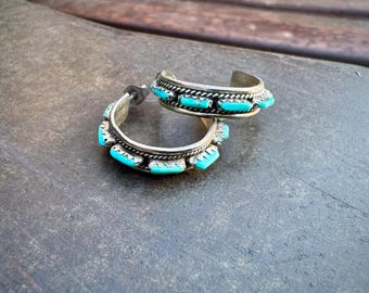 Vintage Sterling Silver Turquoise Needlepoint Hoop Earrings, Approx 1" Dia.