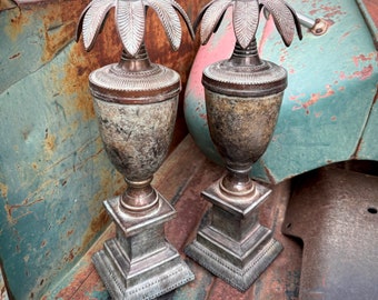 Pair of Vintage Metal Candle Holders Palm Tree Pineapple Design