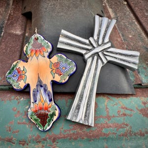 CHOOSE ONE: Vintage Wall Cross Talavera Ceramic OR Pewter Metal, Medium-Small Size
