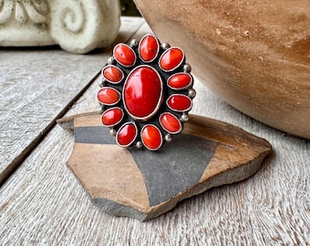 Vintage Federico Jimenez Sterling Silver Coral Cluster Ring Size 7.75