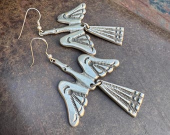 Sterling Silver Articulating Peyote Bird Earrings Dangle 2.75" Long, 25g Combined