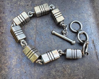 Solid Sterling Silver Rectangle Prism Beaded Link Bracelet Approx 6.5" to 7.5", Heavy 53g