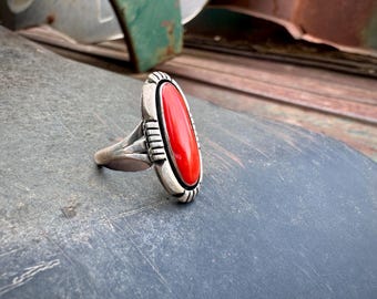 Vintage Sterling Silver Oval Coral Ring Size 7 by Navajo Joe Delgarito, Native American