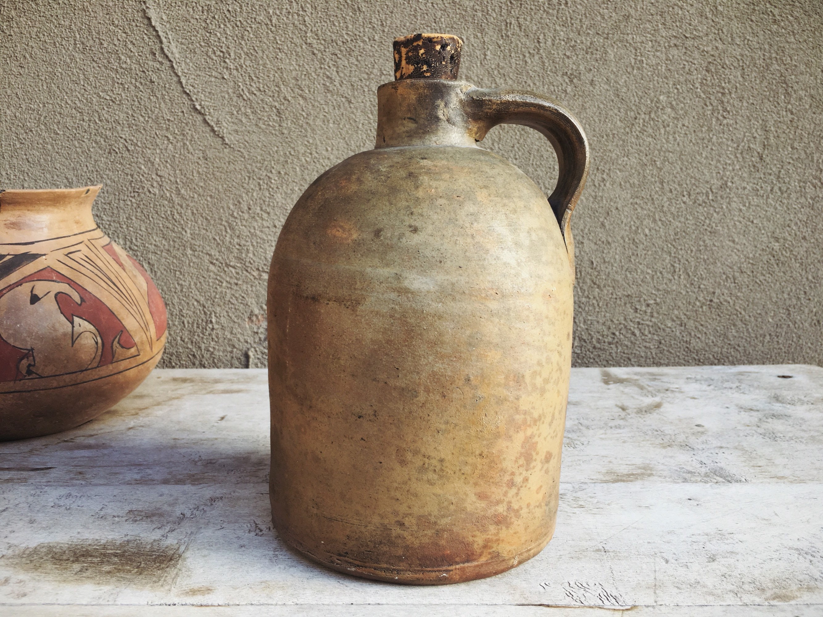Antique Whiskey Jug with Cork Speckled Stoneware Crock Primitive Decor