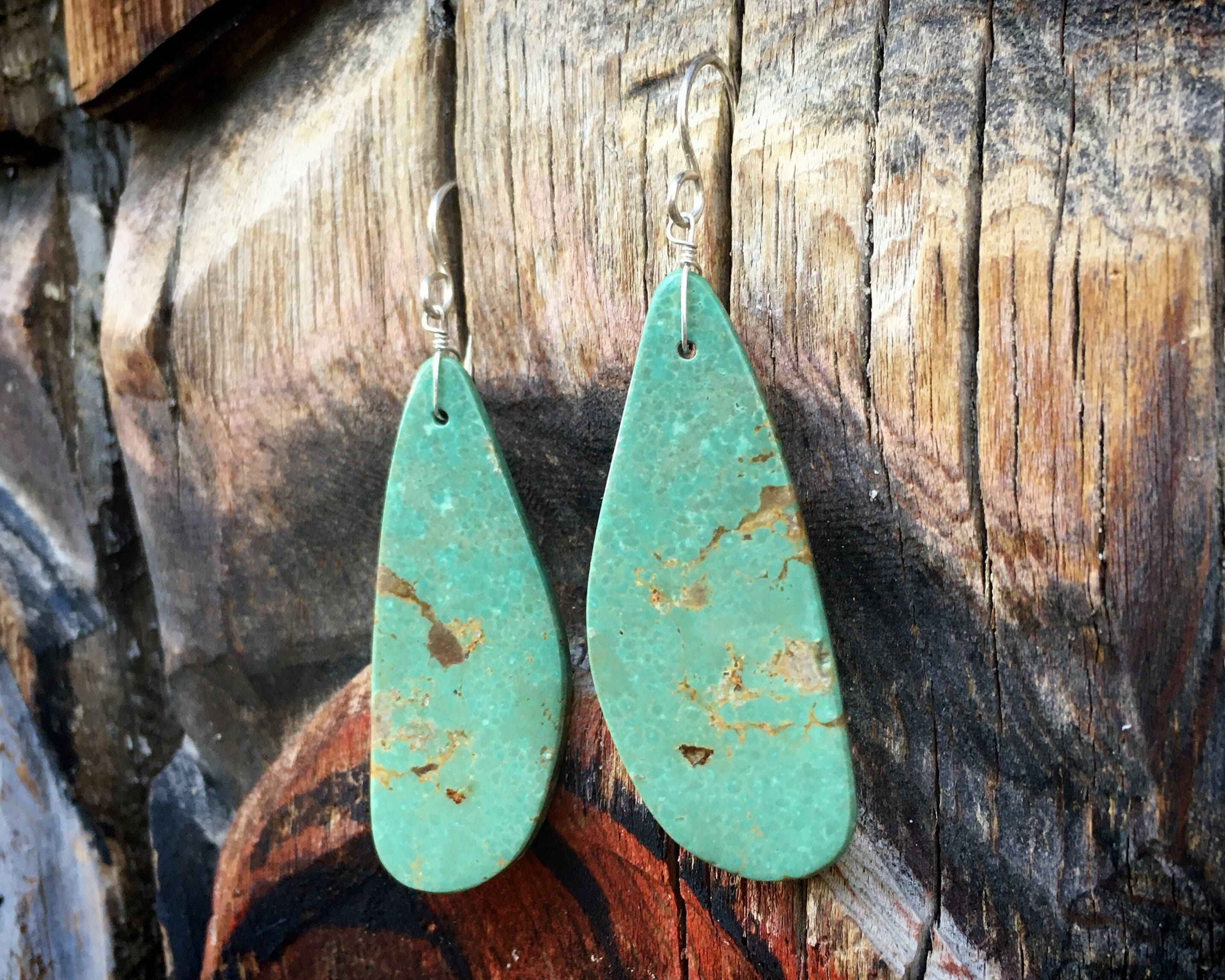 Thin GreenBlue Turquoise Slab Earrings MediumLarge Size, Southwest