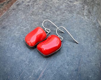 Vintage Sterling Silver Natural Coral Dangle Earrings, Southwestern Navajo Jewelry