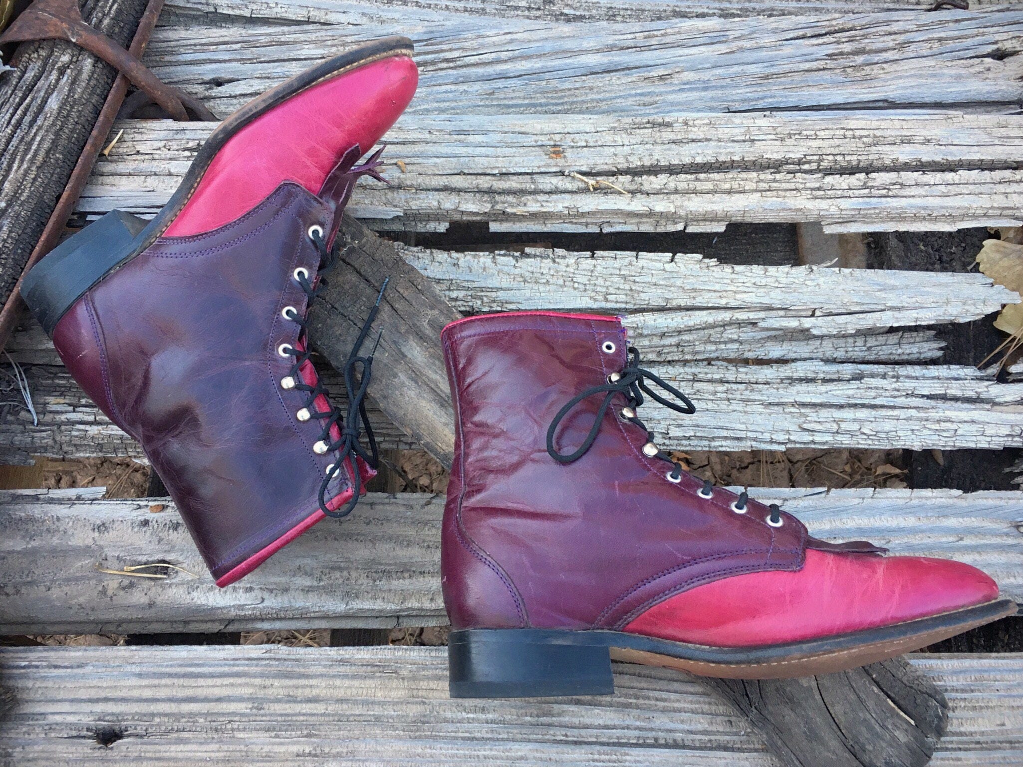 Cowboy Boots Women Size 9 M Pink and Burgundy Leather Packer Boot, Lace ...