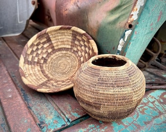Two Old Woven Baskets Natural Earthy Colors, Seed Pot and Shallow Bowl