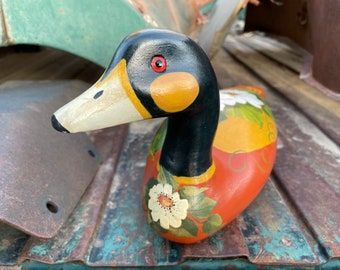 Painted Wood Carving of Duck Decoy with Glass Eyes, Primitive Tole Folk Art, Rustic Cabin Decor