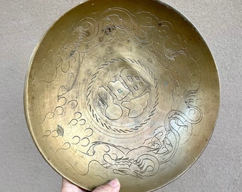 1930s Chinese Brass Engraved Plate 10" Diameter, Vintage Chinoiserie Decor Dragon Motif
