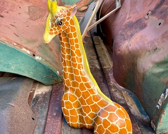 Vintage 14" Tall Paper Mache Giraffe Yellow-Orange from Tonala Mexico, SERMEL Style Folk Art