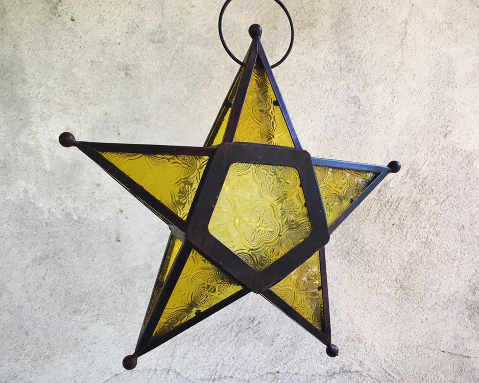 Vintage Metal and Pressed Amber Glass Star Candle Holder, Hanging