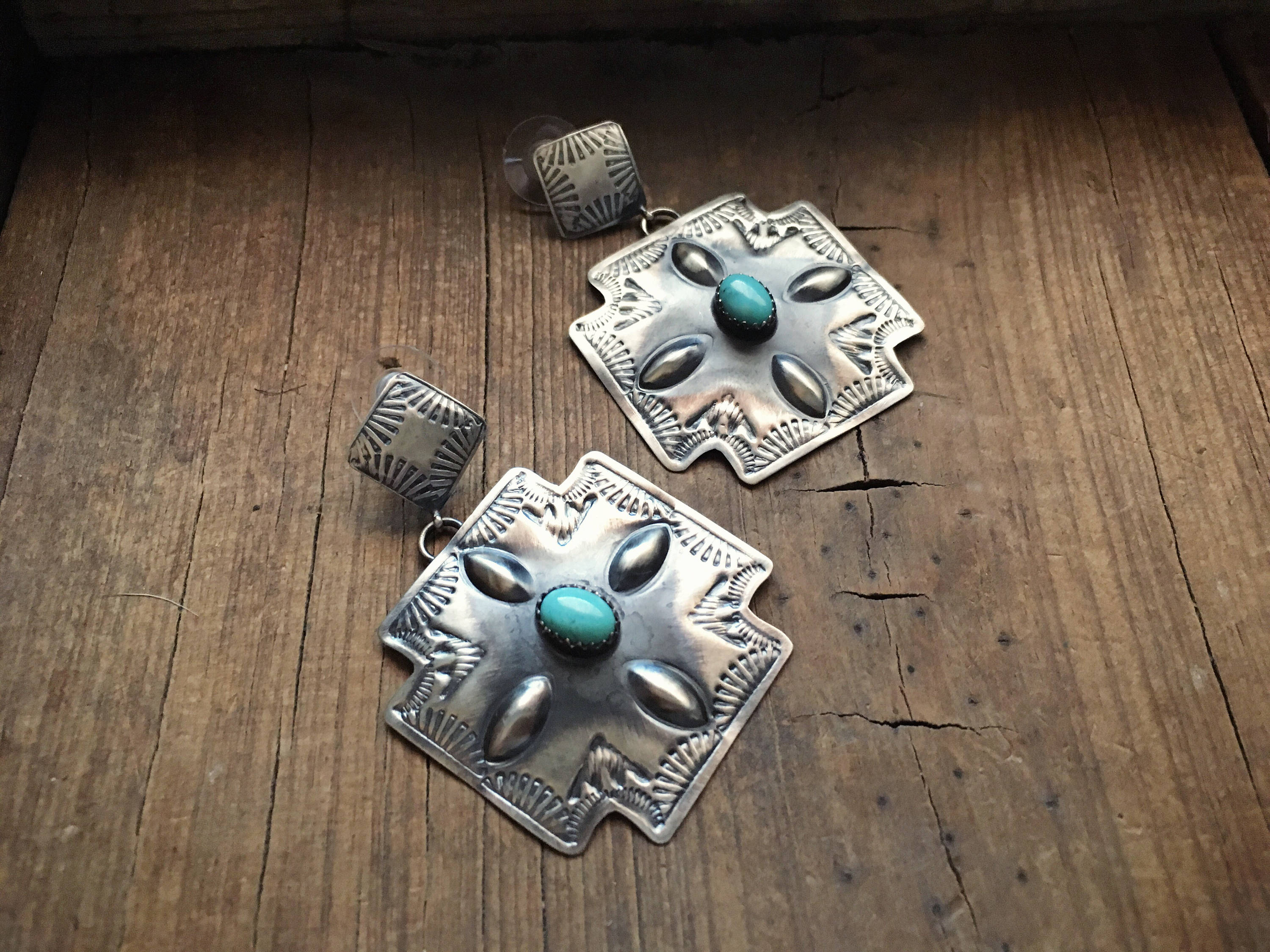 Native American Stamped Sterling Turquoise Concho Earrings