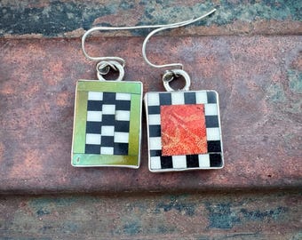 Mismatched Sterling Silver Geometric Inlay Earrings, Black-White Checkerboard
