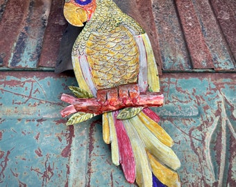 Vintage Distressed and Faded Mexican Tin Parrot Folk Art Wall Hanging, Exotic Bird Lover Gift