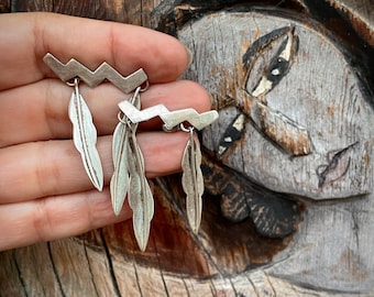 Vintage Taxco Sterling Silver Post Earrings Lightning Rod and Feather Dangles, Hippie Boho Mexican Jewelry One of a Kind, Rain Theme Gift