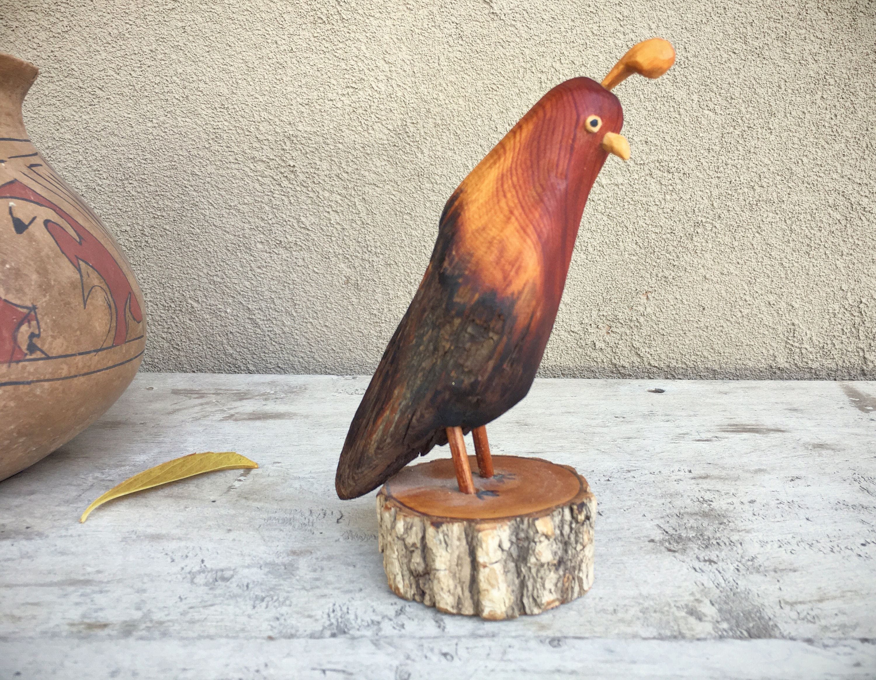 Vintage Hand Carved Quail Figurine Wood Carving Folk Art, Rustic Cabin