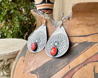 Stamped Sterling Silver Earrings w/ Orange-Red Spiny Oyster, Teardrop Dangles