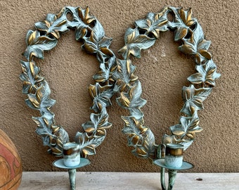 Pair of Vintage Brass with Verdigris Candlestick Holders Wall Mount Style, Laurel Leaf Design