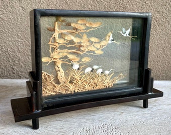 Vintage Chinese Cork Diorama with Cranes and Trees in Wood Shadow Box on Stand, Intricate Carving