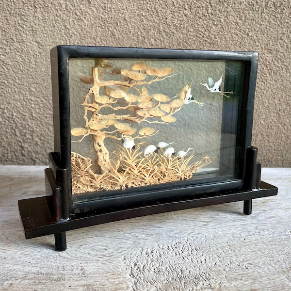 Vintage Chinese Cork Diorama with Cranes and Trees in Wood Shadow Box on Stand, Intricate Carved Natural Scene, Chinoiserie Desk Shelf Decor