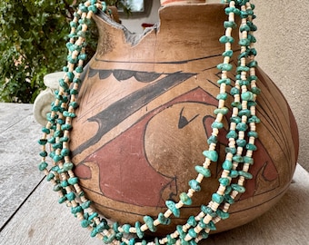 Vintage Four Strand Chip Turquoise & Shell Heishi Necklace Approx 32", Braided Twine Closure