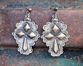 Vintage Navajo Sterling Silver Repousse Earrings Cross Design, Southwestern Rodeo Dangles
