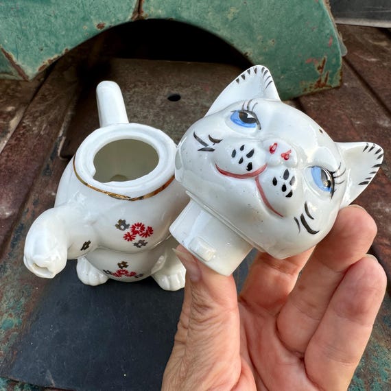 Vintage Cat Teapot Head Comes off and Paw for Spout, Floral Design