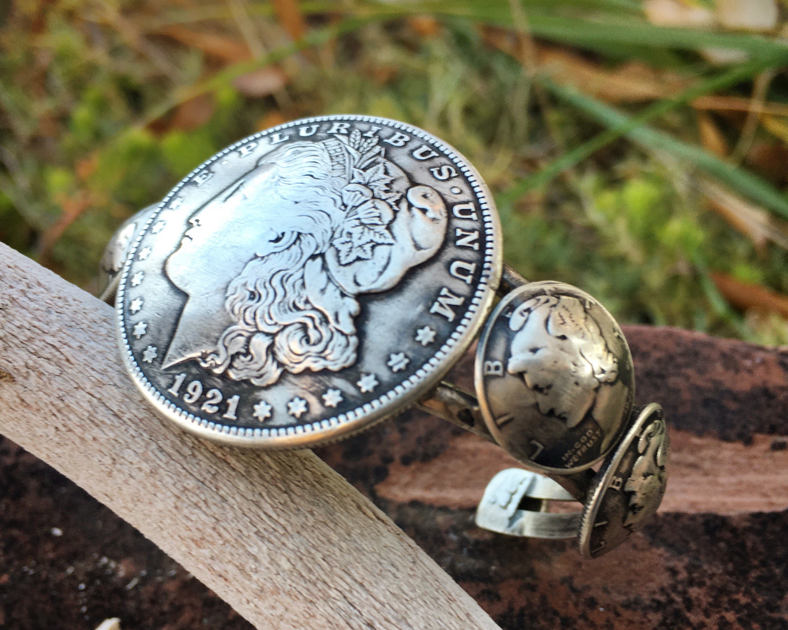 Thick Vintage Native American Navajo 1921 Coin Sterling Silver Bracelet Old Thick Vintage Native American Navajo 1921 Coin Sterling Silver Bracelet Old