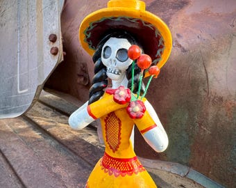 Vintage Calavera Skeleton Pottery Candle Holder 9" Tall, Day of the Dead Mexican Folk Art