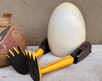 Large Vintage Carved Painted Egg w/ Legs Shelf Sitter, Indonesia Folk Art, Funky Decor